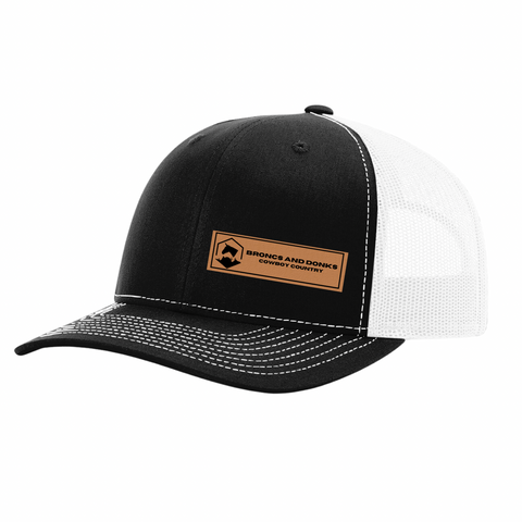 Black and White Broncs and Donks Leather Label Cap